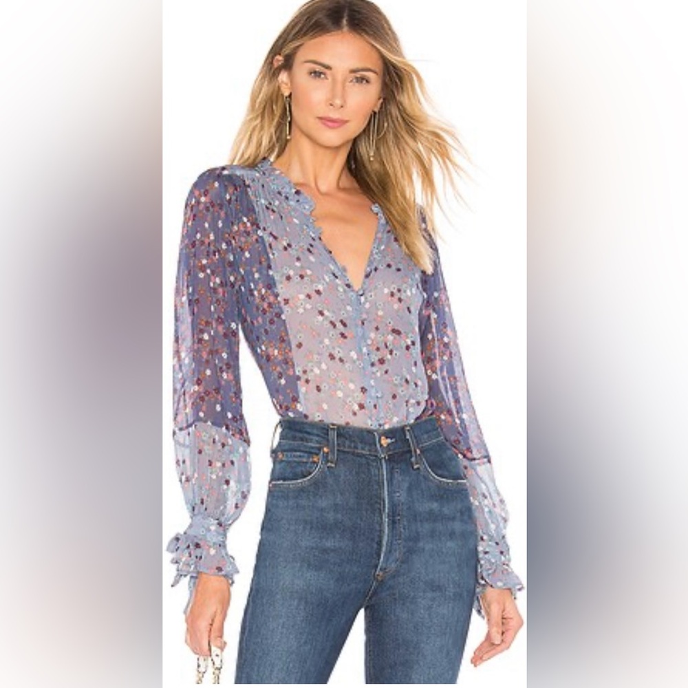 PAIGE Silk Dorothy Blouse Long Sleeve M Crown Blue & Lilac Grey REVOLVE SOLD OUT